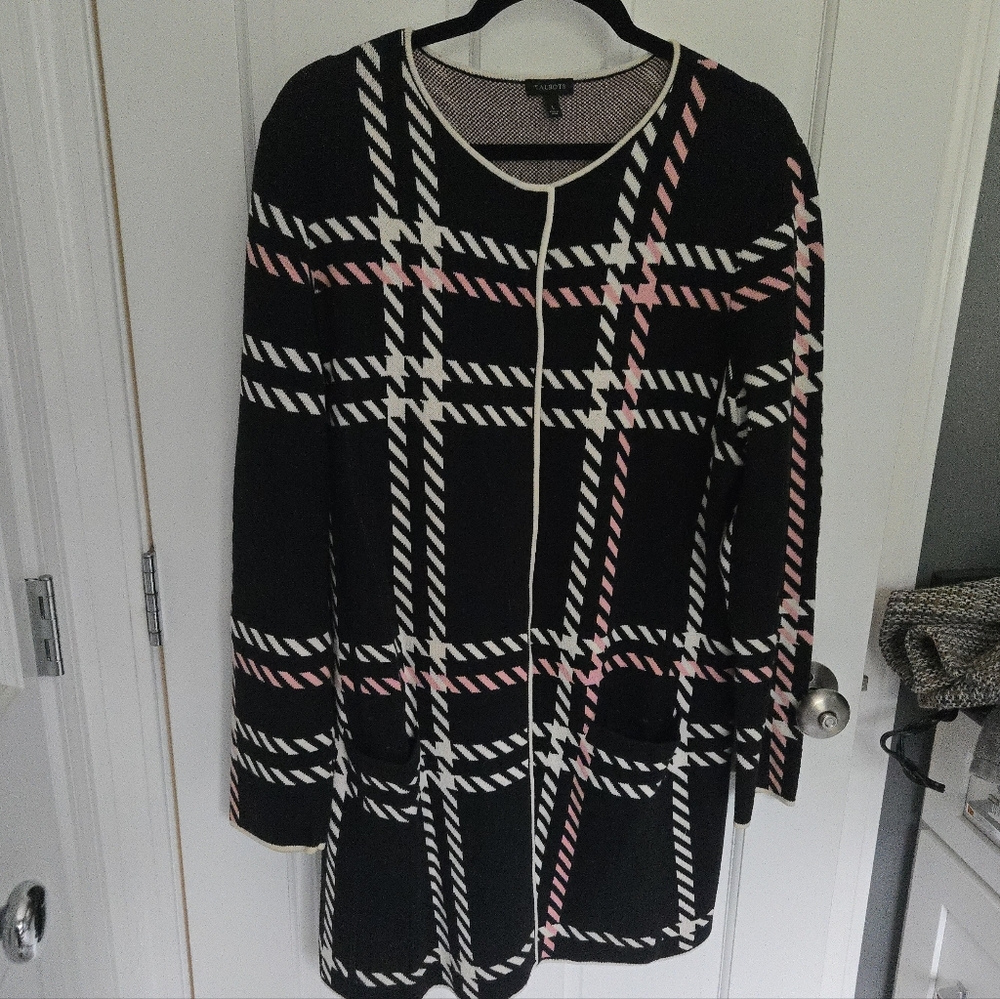 Talbots Black/Ivory/Pink Plaid Coatigan Size L